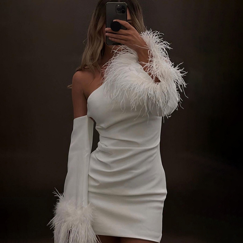 Elegant Sexy Black Crepe Long Sleeve One-Shoulder Ladies Ostrich Feather Trim Prom Mini Women Dress