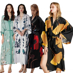 Drop Shipping Custom Wholesale Women Print Bathrobe Floral Kimono Long Robes Satin Robe for woman Women Robes