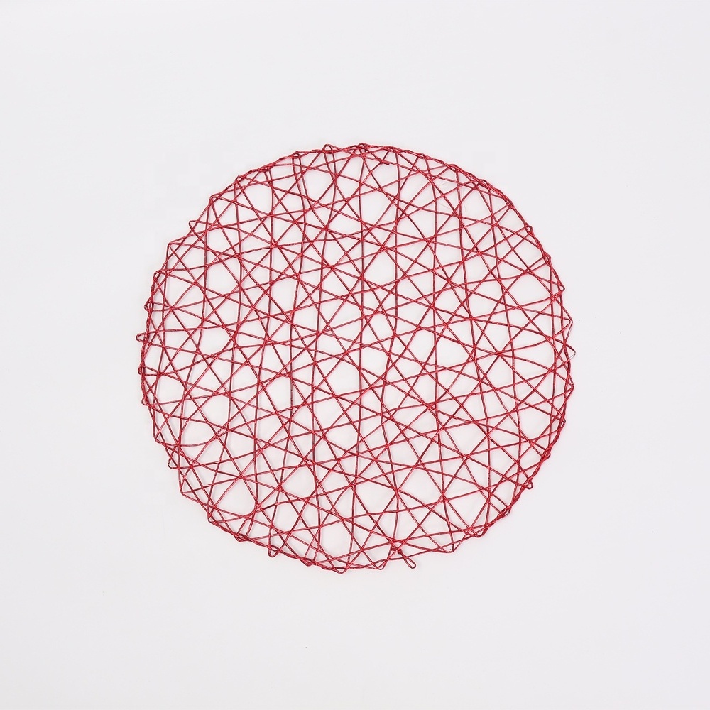 Shiny Red Round Non-Slip Gold color Paper string crazy hand Woven Heat Resistant  Placemat Table Mats for Dining Table