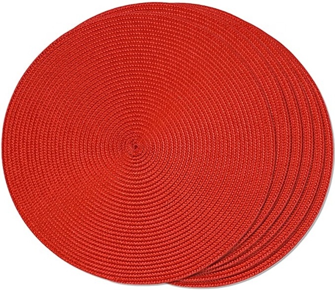 15 inch Red Round PP Braided  Woven Washable Non-Slip Placemats Set of 6 Table Mats for Dining Tables