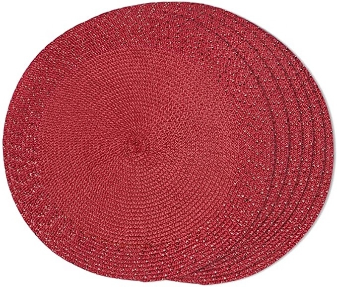 Red Shine Woven Washable Non-Slip Place mats 15 inch Round PP Braided Set of 6 Table Mats for Dining Tables