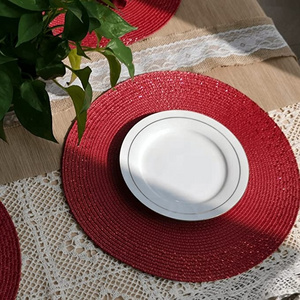 15'' Round PP Braided Red shine Woven Washable Non-Slip Placemats Set of 6 Table Mats for Dining Tables