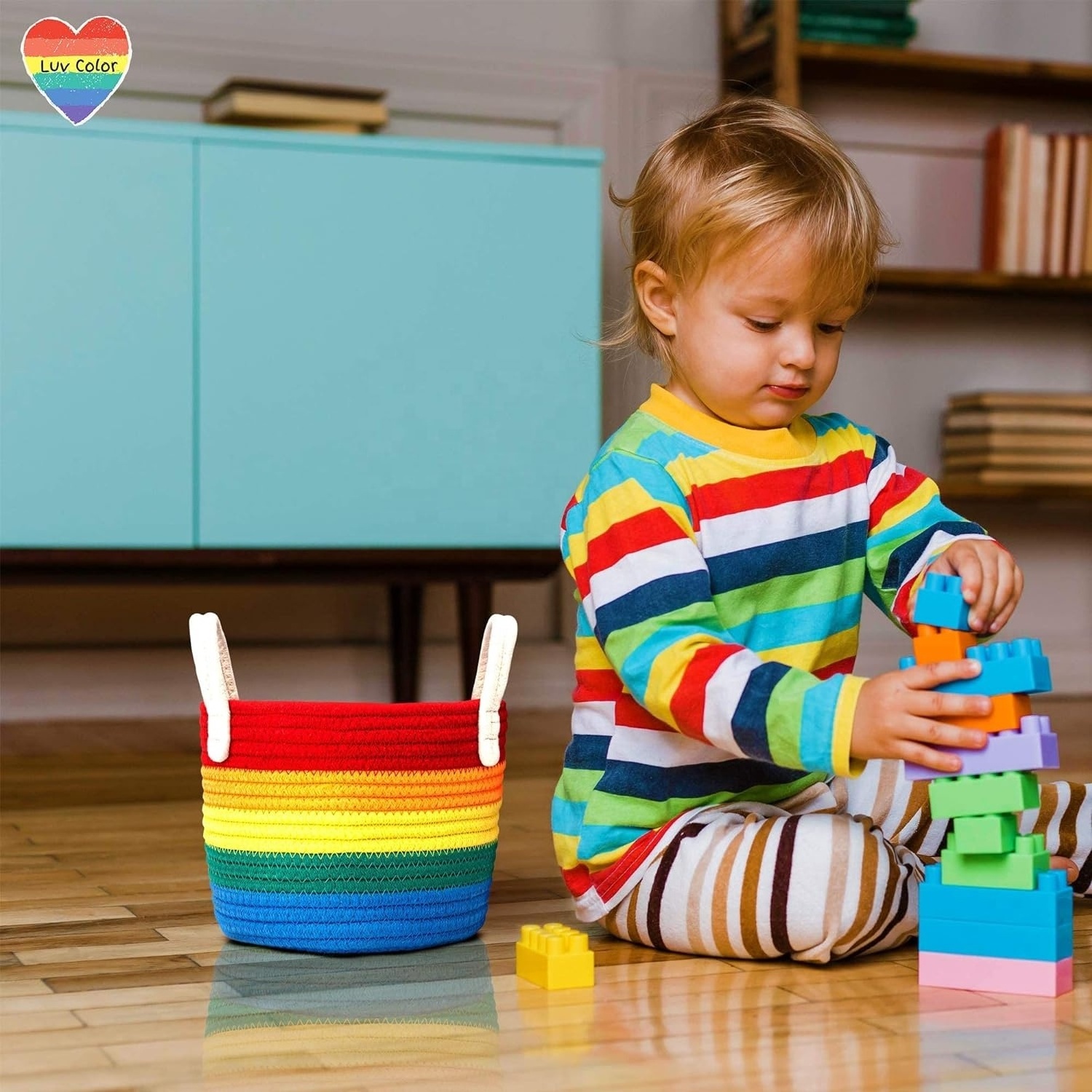 Rainbow Decor Cotton Woven Nursery Decor Playroom Kids Bedroom Bathroom or Classroom Toys Art Supplies Storage Basket Set-071