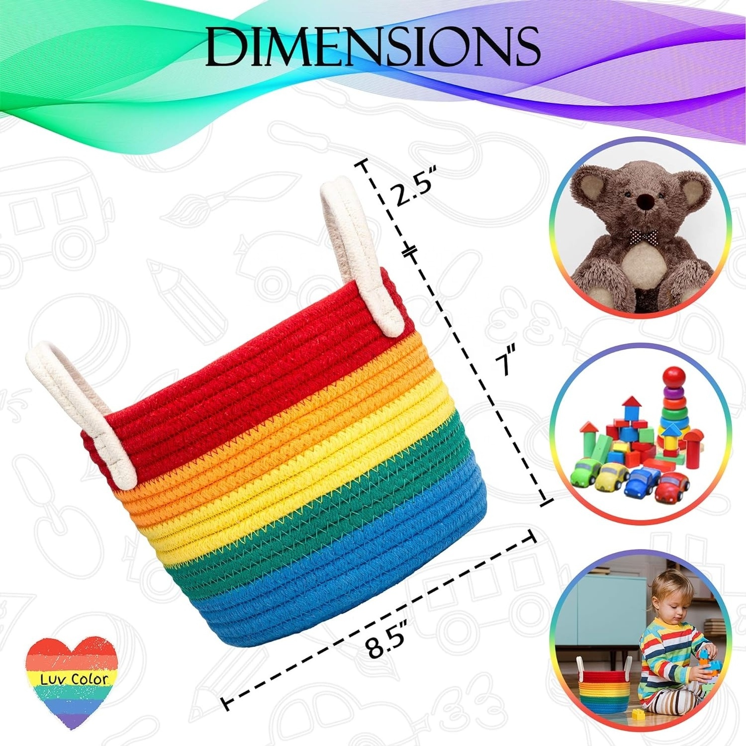 Rainbow Decor Cotton Woven Nursery Decor Playroom Kids Bedroom Bathroom or Classroom Toys Art Supplies Storage Basket Set-071