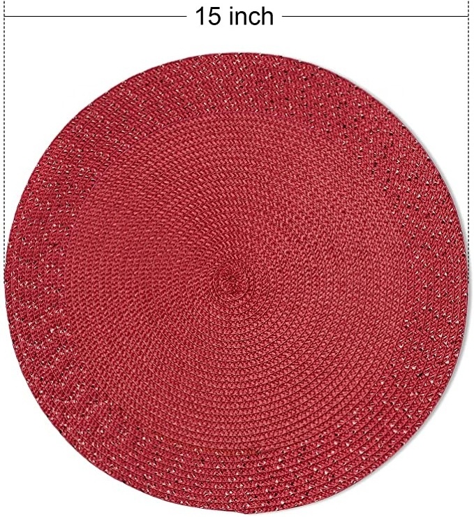 15 inch Red shine Round PP Braided  Woven Washable Non-Slip Placemats Set of 6 Table Mats for Dining Tables