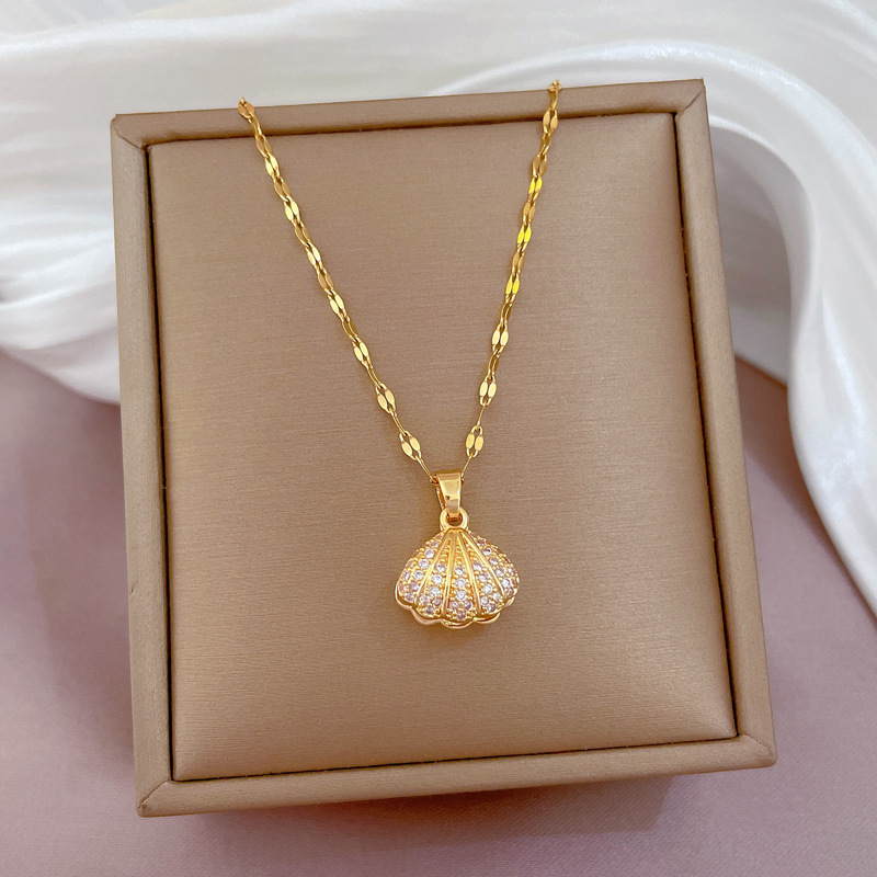 New Arrival 18K Gold Plated Shell Pearl Pendant Necklace Recycled Jewelry Luxury Bling Zircon Shell Pearl Necklace For Women