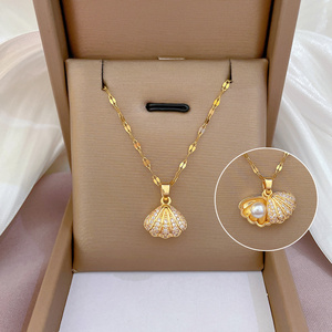 New Arrival 18K Gold Plated Shell Pearl Pendant Necklace Recycled Jewelry Luxury Bling Zircon Shell Pearl Necklace For Women