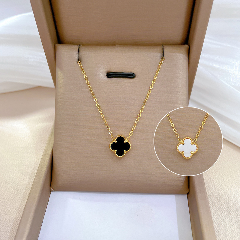 2024 High Quality 18k Gold Plated Double Color Stainless Steel Chain Zircon Four Leaf Clover Necklace