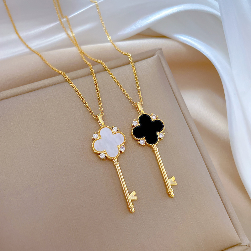 2024 High Quality 18k Gold Plated Double Color Stainless Steel Chain Zircon Four Leaf Clover Necklace