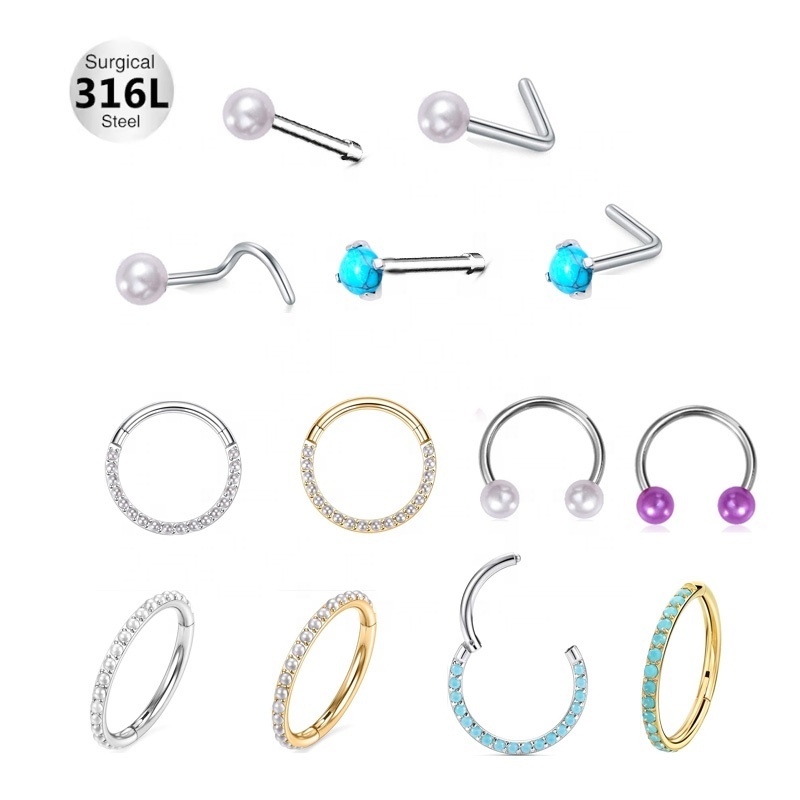 Gaby jewelry free sample 316L surgical steel I stud L s bend screw segment earring pearl nose ring for women stainless steel