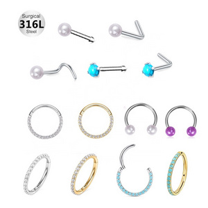 Gaby jewelry free sample 316L surgical steel I stud L s bend screw segment earring pearl nose ring for women stainless steel