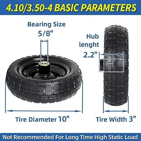 10-Inch Flat-free Solid Tire and Wheel Replacement 4.10/3.50-4, with 5/8