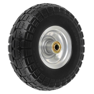 4.10/3.50-4" Flat Free Tire and Wheel, 10" PU Fome Solids Tire, 5/8" Axle Bore Hole, 2.2" Offset Hub, for Hand Truck Wheelbarrow