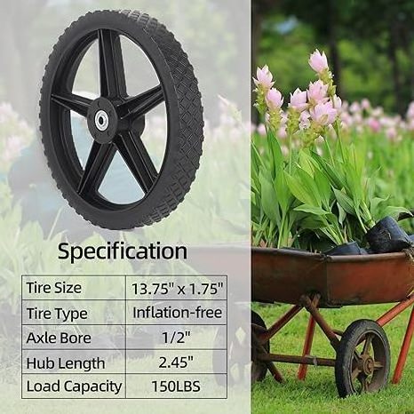 14 x 1.75'' Rubber Tire and Spoked Plastic Wheel for Lawn mower Trolley Dolly Wheel Replacement