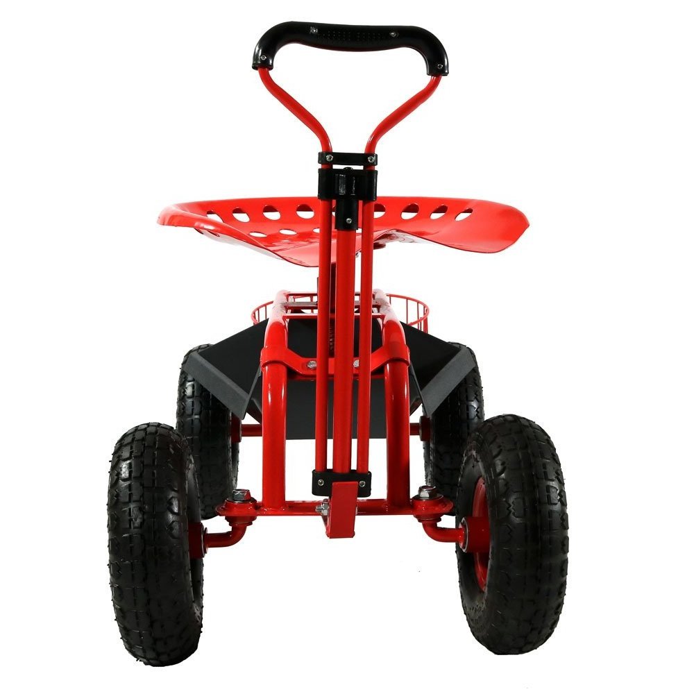 Garden Wagon Cart Rolling Scooter with Extendable Steer Handle, Swivel Seat and Utility Tool Tray