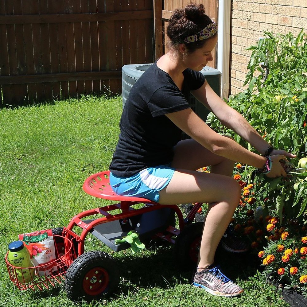 Garden Wagon Cart Rolling Scooter with Extendable Steer Handle, Swivel Seat and Utility Tool Tray