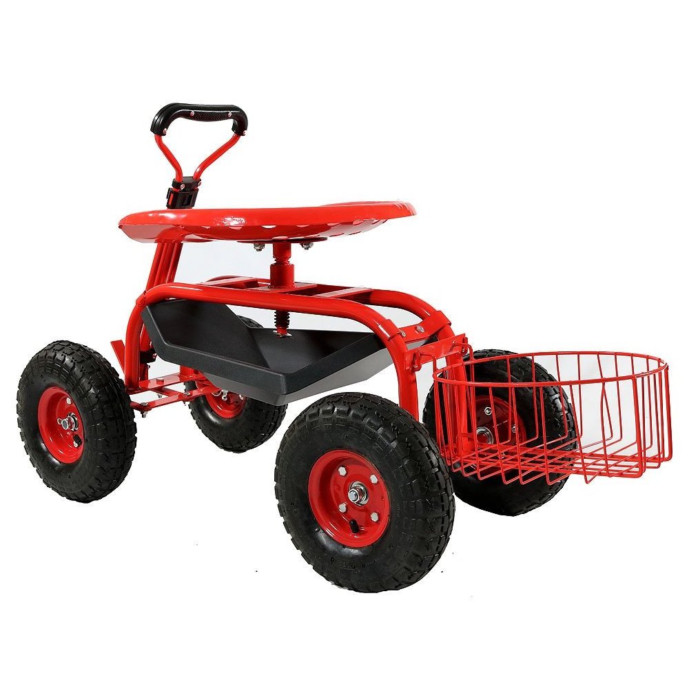 Garden Wagon Cart Rolling Scooter with Extendable Steer Handle, Swivel Seat and Utility Tool Tray