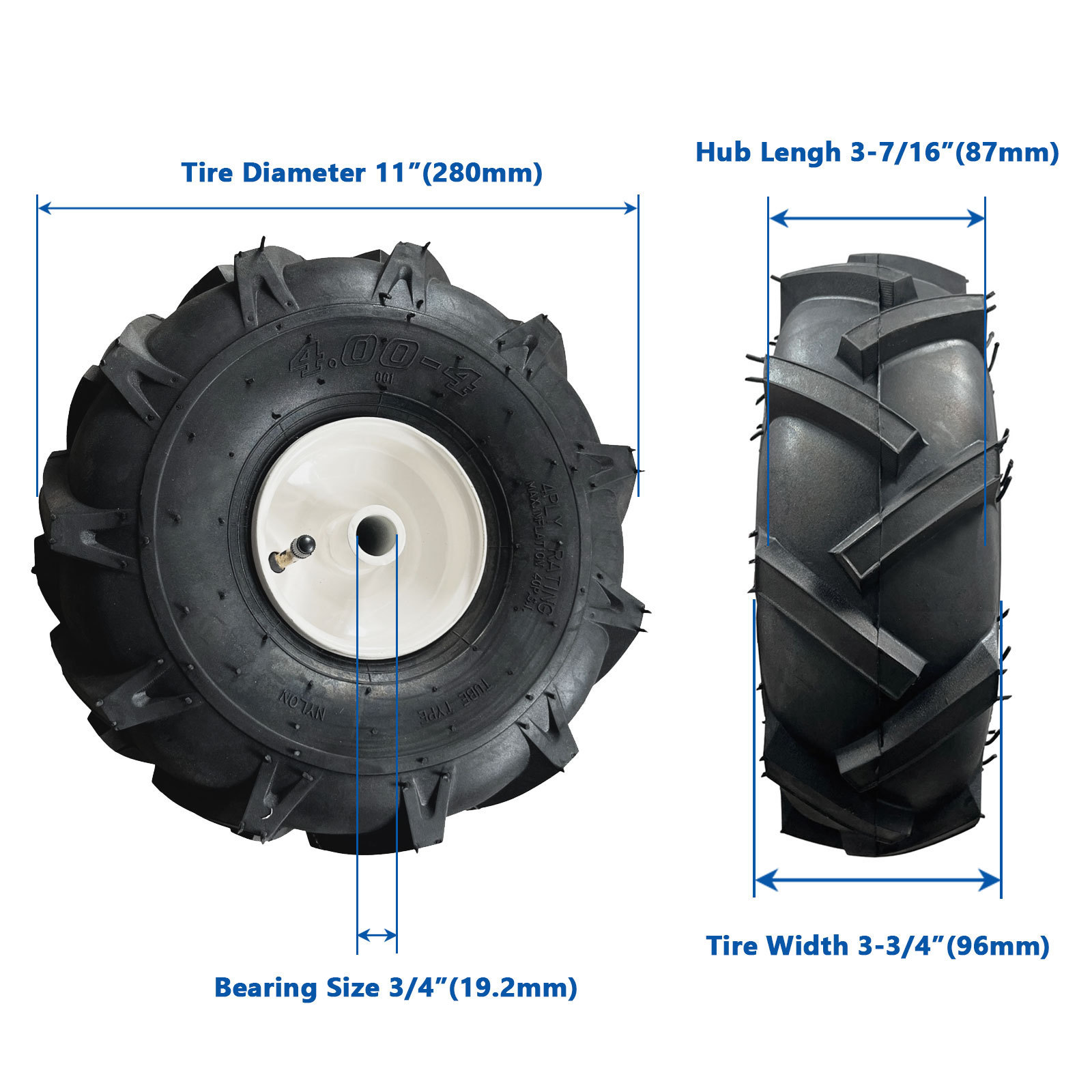 11 inch 4.00-4 Tiller Tire and Rim Cultivator Agriculture mini Tiller Replacement Wheel and Tire Pneumatic Wheel