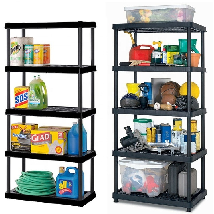 750Lbs Capacity 5 Tier Black Plastic Garage Shelving Unit Display Kitchen Plastic Interlocking Storage Shelves Rack