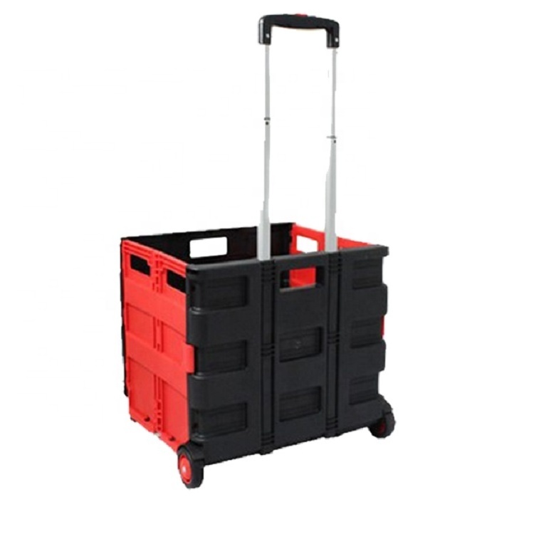 Foldable Shopping Cart Portable Rolling Crate Handcart with Durable Heavy Duty Plastic Telescoping Handle Collapsible