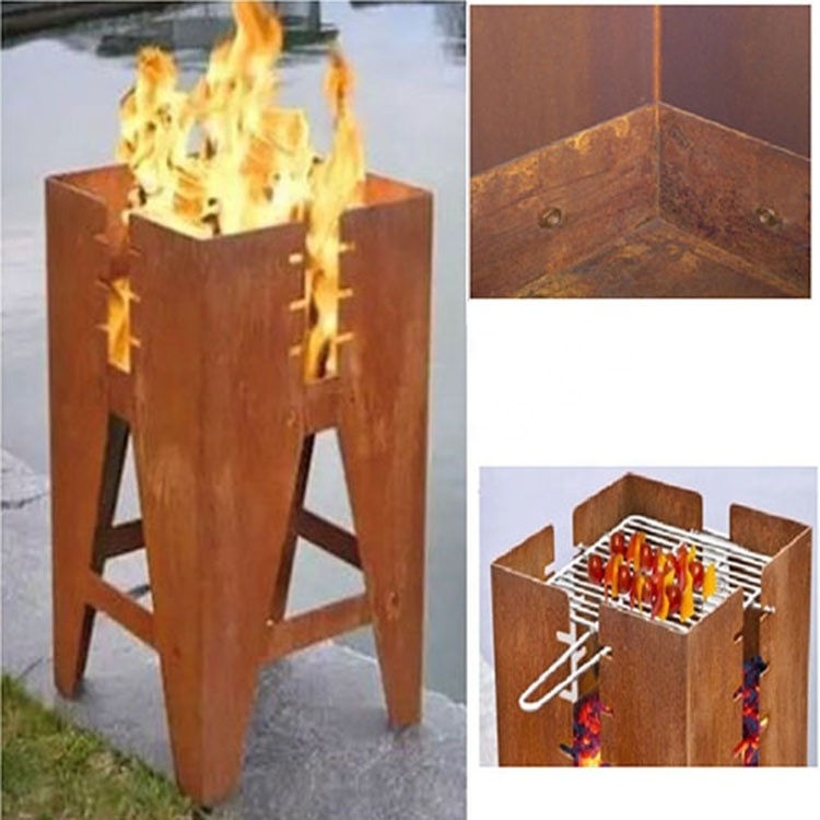 Camping patio picnic portable Weathering Cor-Ten Corten Steel Squared outdoor BBQ grill table Garden wooden burner Fire Pit