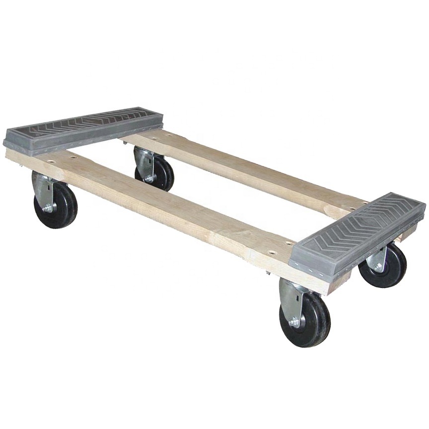 Four Wheels Hardwood Platform Moving Cart Wooden Rubber End Covered Crate Dolly