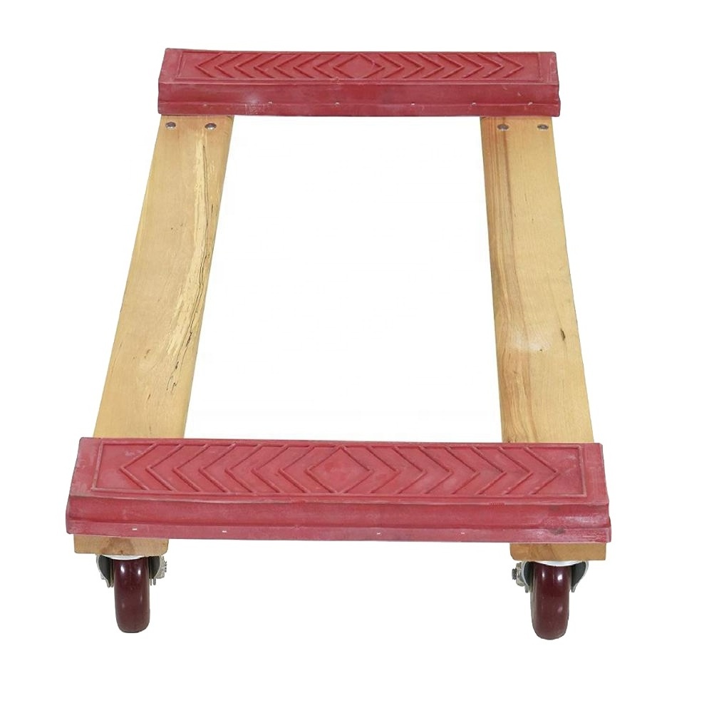 Four Wheels Hardwood Platform Moving Cart Wooden Rubber End Covered Crate Dolly