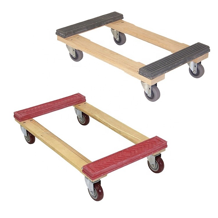 Four Wheels Hardwood Platform Moving Cart Wooden Rubber End Covered Crate Dolly