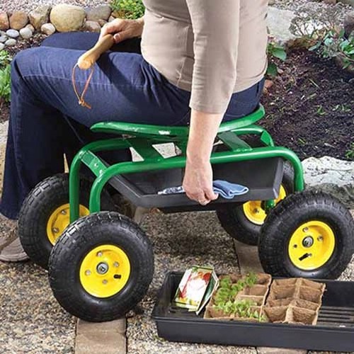 Rolling Garden Seat wheeled tractor seat adjustable gardening cart scooter cart with Turnbar