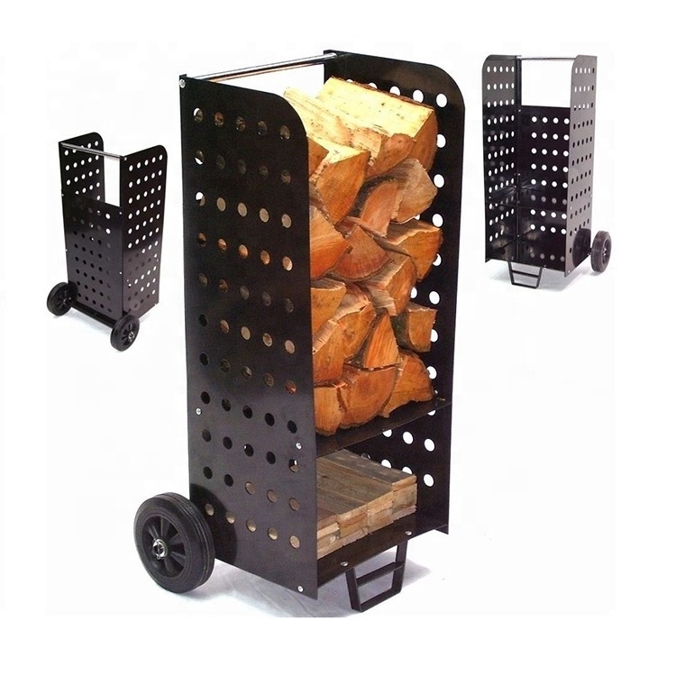 Outdoor Indoor Steel Rolling Firewood Rack Log Carrier Mover Transport Storage Cart with 2 Wheels