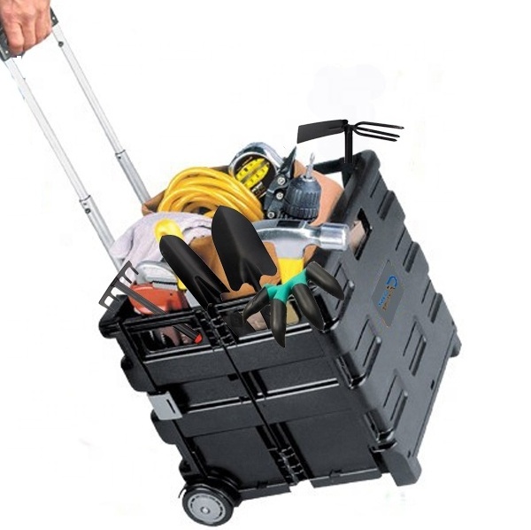 Foldable Shopping Cart Portable Rolling Crate Handcart with Durable Heavy Duty Plastic Telescoping Handle Collapsible