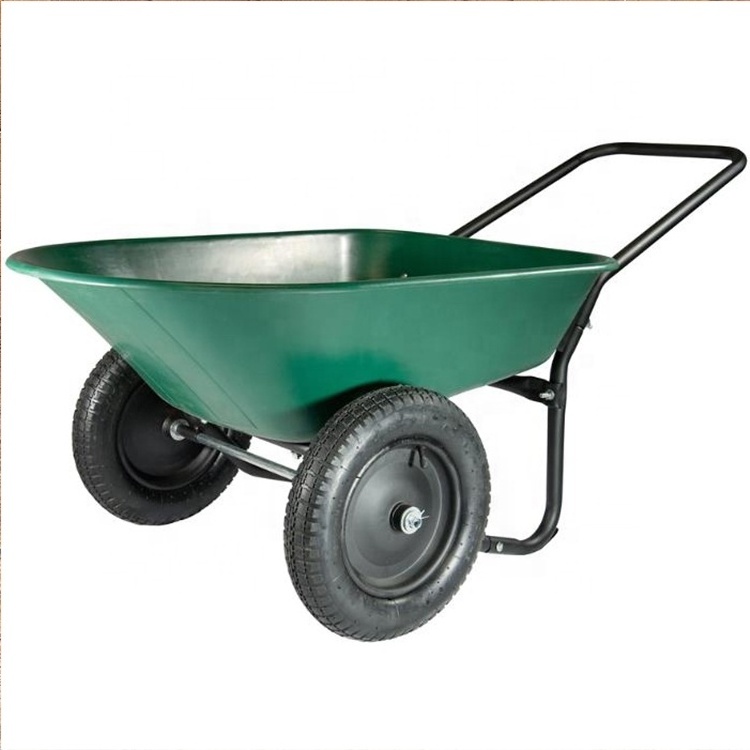 Heavy duty two wheel barrow with steel frame plastic tray double wheelbarrow