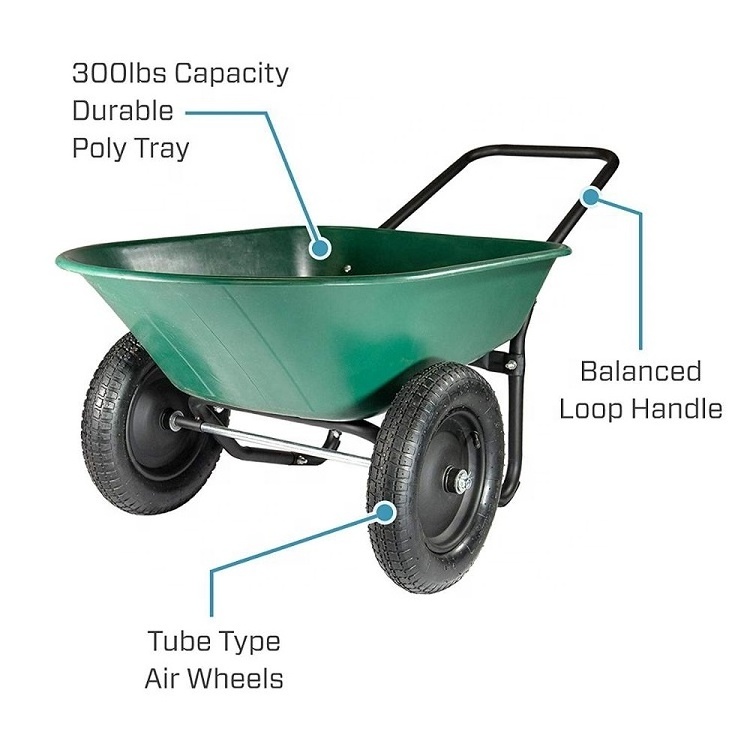 Heavy duty two wheel barrow with steel frame plastic tray double wheelbarrow