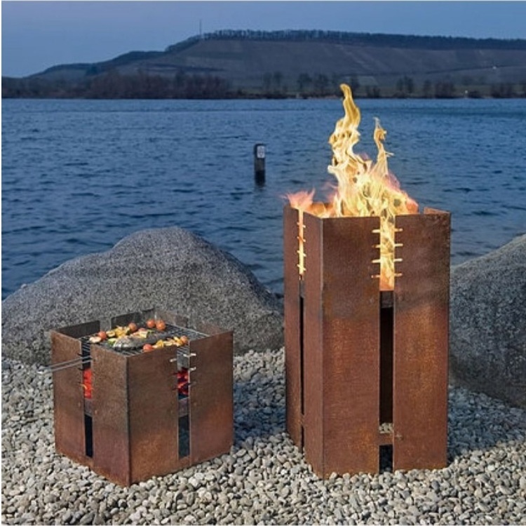 Outdoor Garden Patio Backyard Portable Camping BBQ Wood Burning Squared Metal Corten Steel Fire Pit