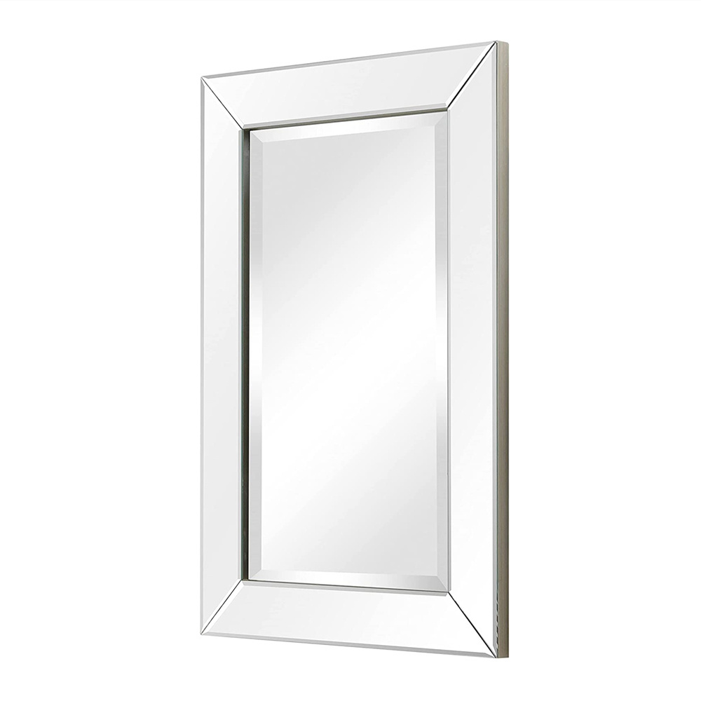 Large modern silver wall mirror with angled beveled mirror frame