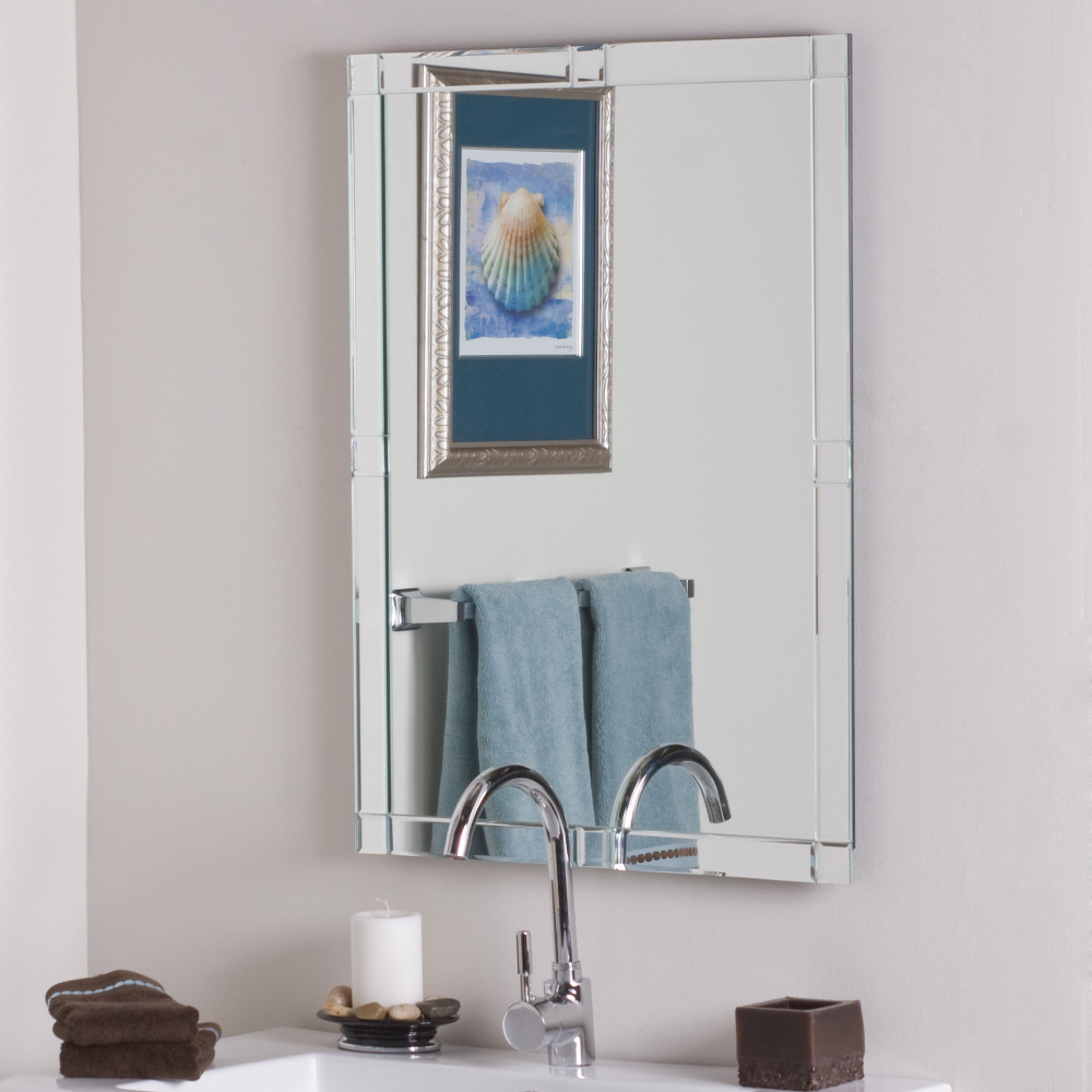 Large modern silver wall mirror with angled beveled mirror frame