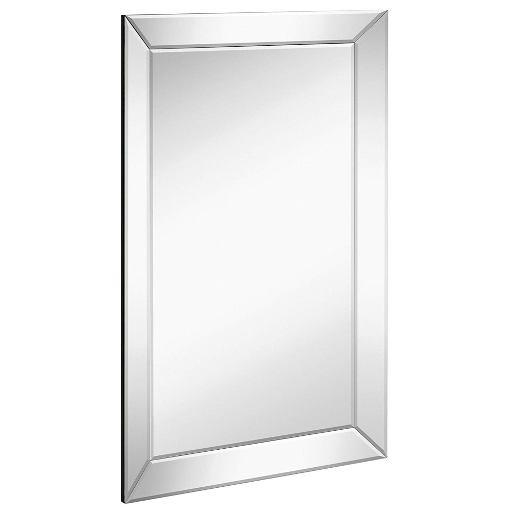 Large modern silver wall mirror with angled beveled mirror frame