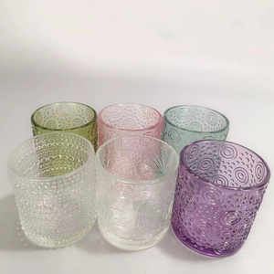 Wholesale Round Shape Colorful Candle Glass Holder Embossed Pitting Candle Tealight Cup In Glass Jar for Table Wedding Decor