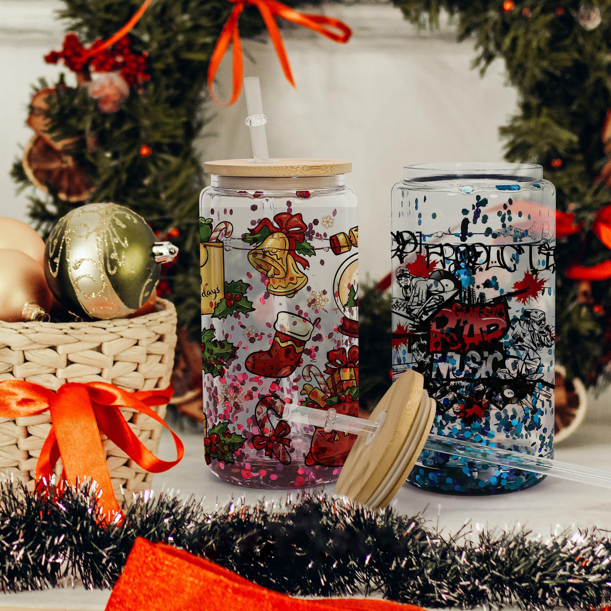 Wholesale Sublimation Mason Jar Mug DIY 16oz Pre-Drilled Snow Globe Christmas Glass Can Tumblers with Bamboo Lid and Straw