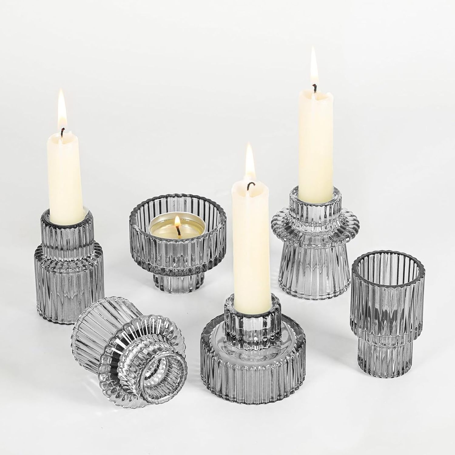 Ribbed Striped Glass Candle Tealight Taper Votive Candle Holder for Home Holiday Event Tabletop Decoration