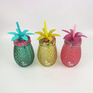 Wholesale 16 oz 450ml Sprayed Color Pineapple Shape glass Mason Jars with PP Straw And Metal Lid