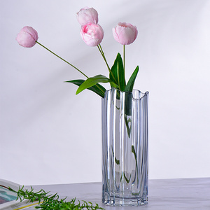 Handblown Blue Large Modern Glass&crystal Flower Vase Rim for Home Decor Colored Ribbed Details Luxury with Gold Glass 100pcs