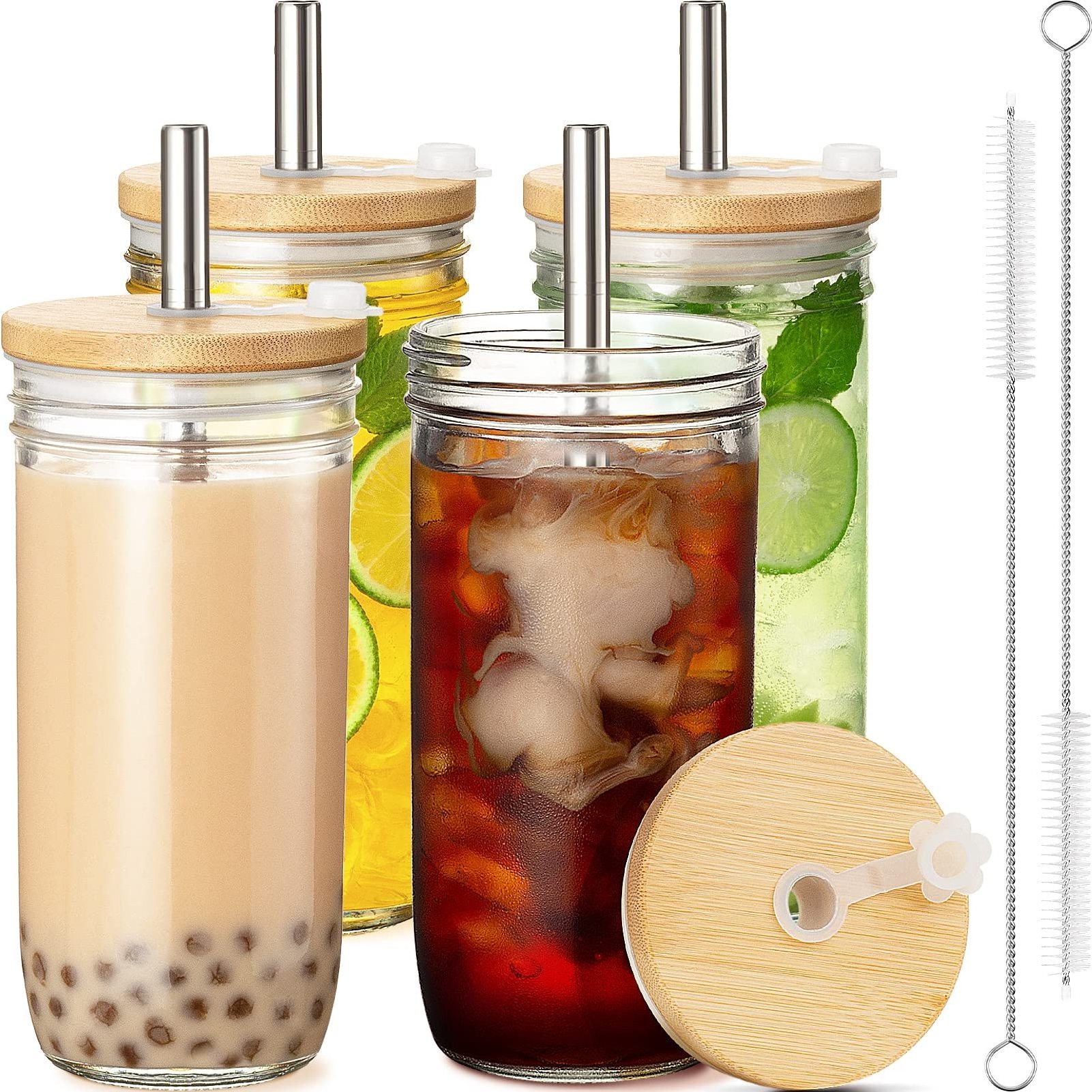 Wide Mouth 16oz 20oz Glass Iced Coffee Cups With Bamboo Lid and Straw Mason Jar Cup Drinking Glass Tumbler for Party