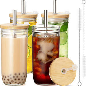 Wide Mouth 16oz 20oz Glass Iced Coffee Cups With Bamboo Lid and Straw Mason Jar Cup Drinking Glass Tumbler for Party