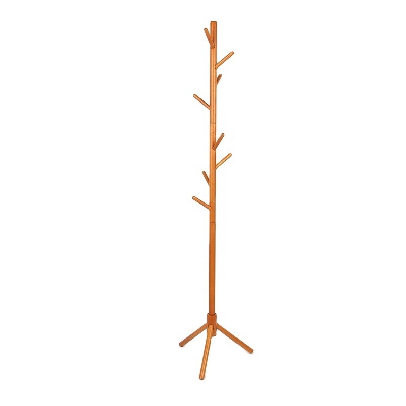 Cheap wooden wholesale floor standing coat hanger 8 hooks wooden hangers for clothes for living room