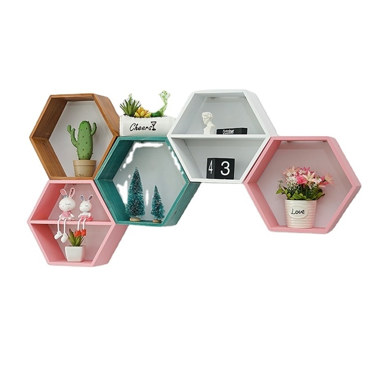 JIAMUJIA hexagon colorful wood blocks custom display storage living room bedrooms rack wall mount shelves