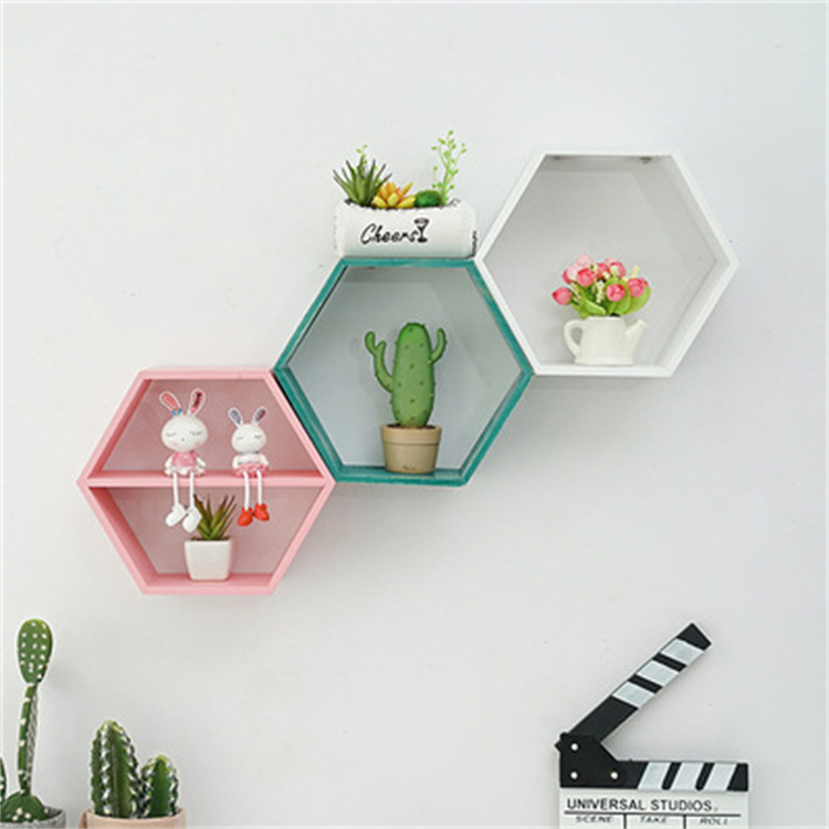 JIAMUJIA hexagon colorful wood blocks custom display storage living room bedrooms rack wall mount shelves