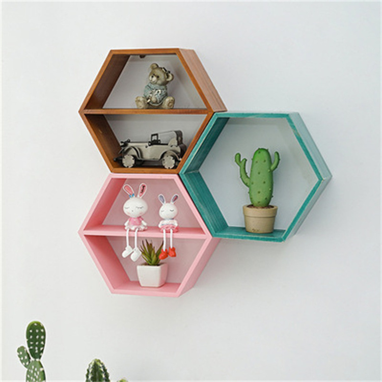 JIAMUJIA hexagon colorful wood blocks custom display storage living room bedrooms rack wall mount shelves