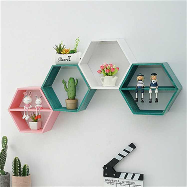 JIAMUJIA hexagon colorful wood blocks custom display storage living room bedrooms rack wall mount shelves