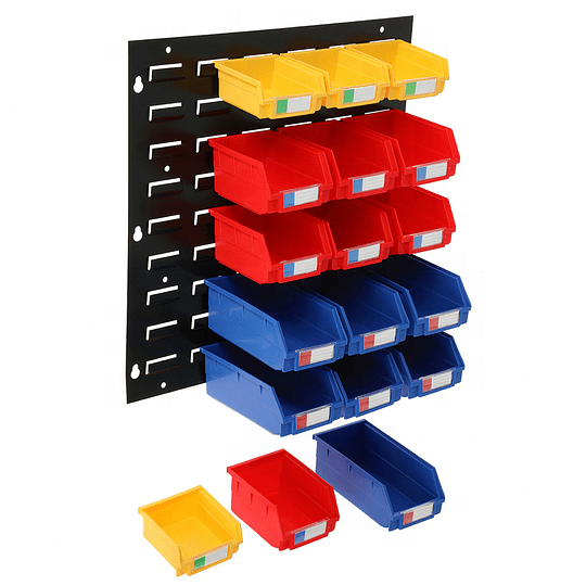 Wall mounted metal louvered panel rack for back hanging storage parts bin for tool storage in warehouse and garage